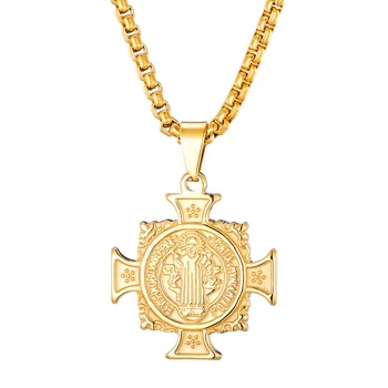 סן בניטו שרשרת פלדת אל-חלד עבור גברים, נשים, זהב/כסף, צבע מתכת בנדיקטוס לחצות קולר דתי תכשיטים